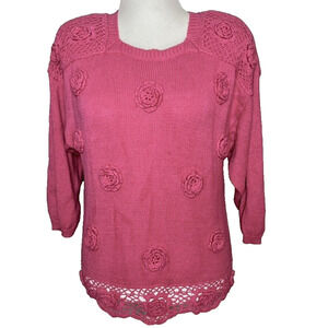 Sweater Bee Banff Sweater Womens Vtg Pink Rosette Shoulder Pad 90s Cottage Large
